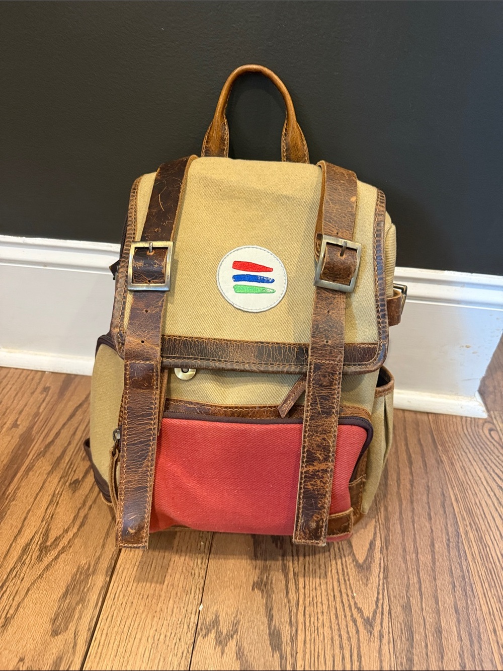 Kids Canvas Backpack with Red Front Pocket and Brown Leather Trim Bucket List